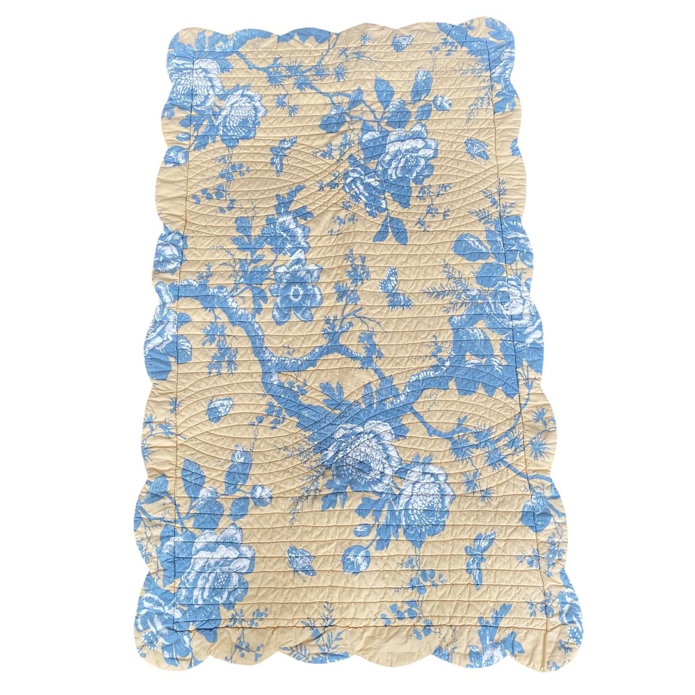 Floral Toile Quilted King Sham Yellow Blue Scalloped‎ Edge 100% Cotton RN102284